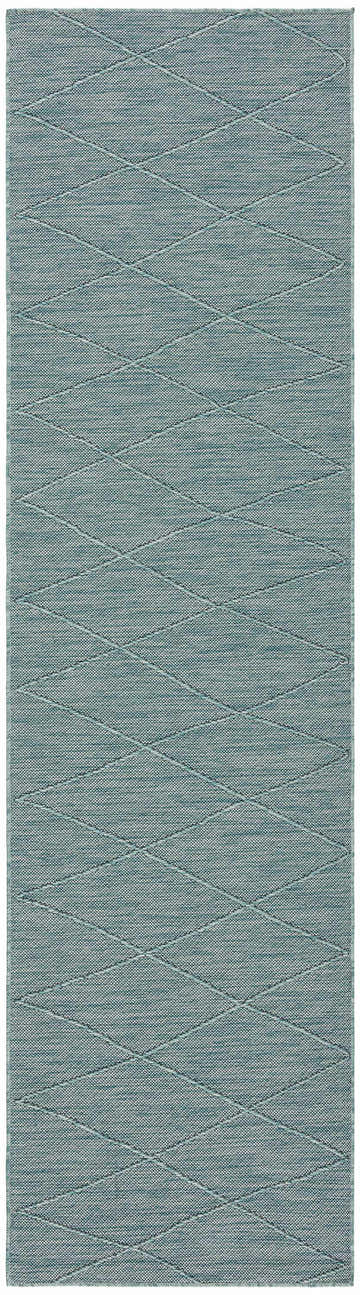 Close-up of the Nourison Solutions Aqua Modern Washable Area Rug. Aqua rug with a subtle diamond pattern and woven texture.