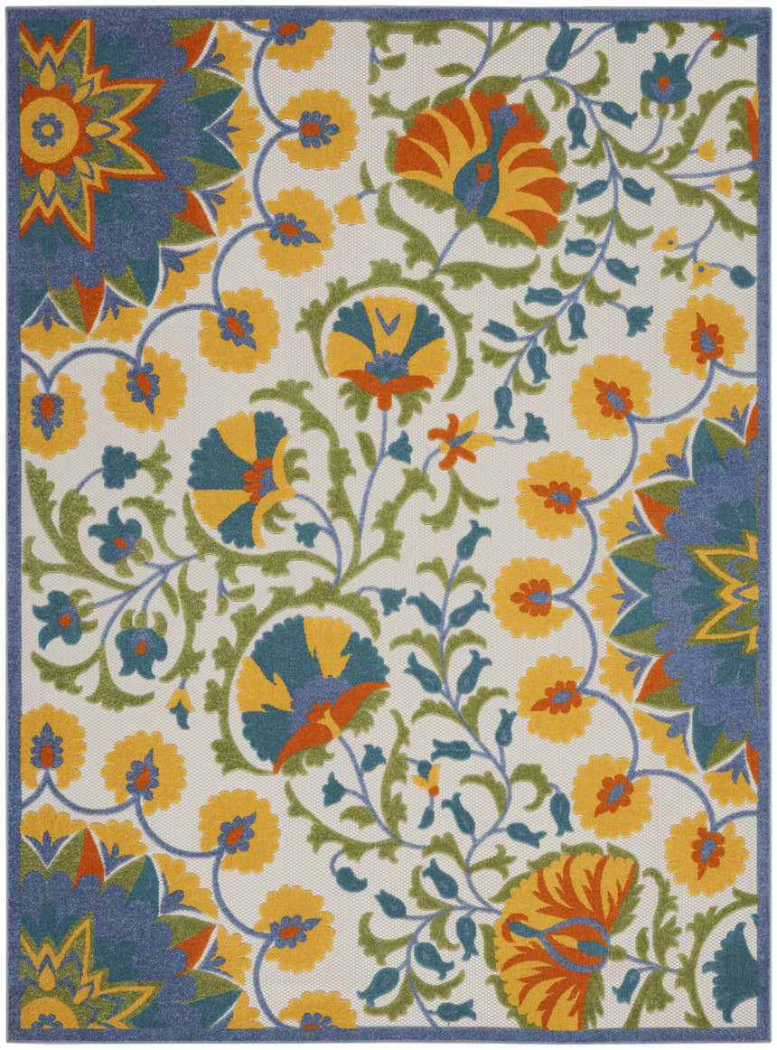 Close-up of the Nourison Aloha Multicolor Transitional Area Rug. Features a floral pattern with yellow, blue, green, and orange hues.