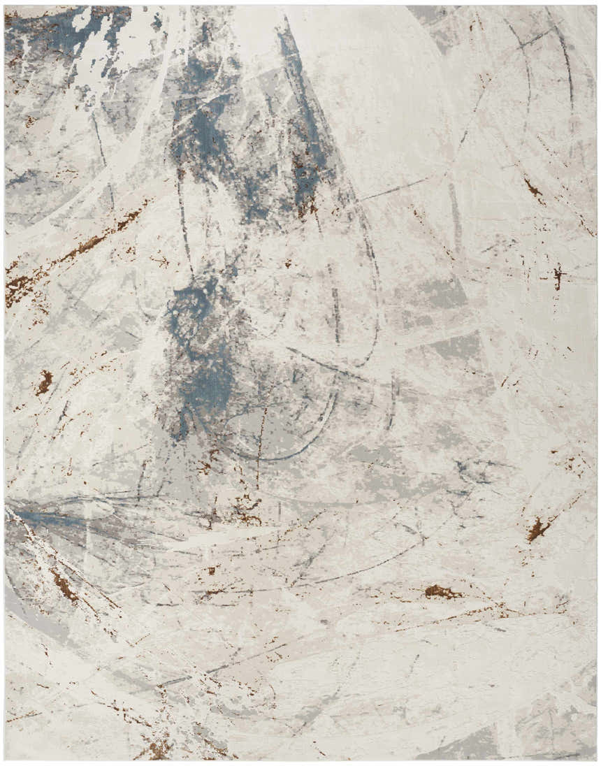 Close-up of the Nourison Desire Ivory Grey Blue area rug featuring a modern abstract design and chestnut accents.