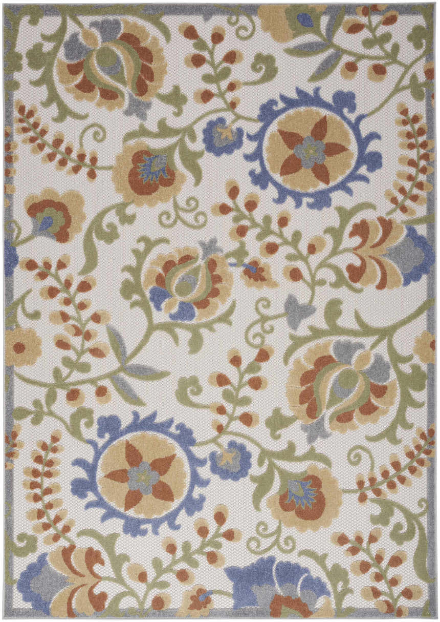 Close-up of Nourison Aloha Ivory Blue Outdoor Area Rug. Floral pattern in chestnut, blue, and green on a textured ivory background.