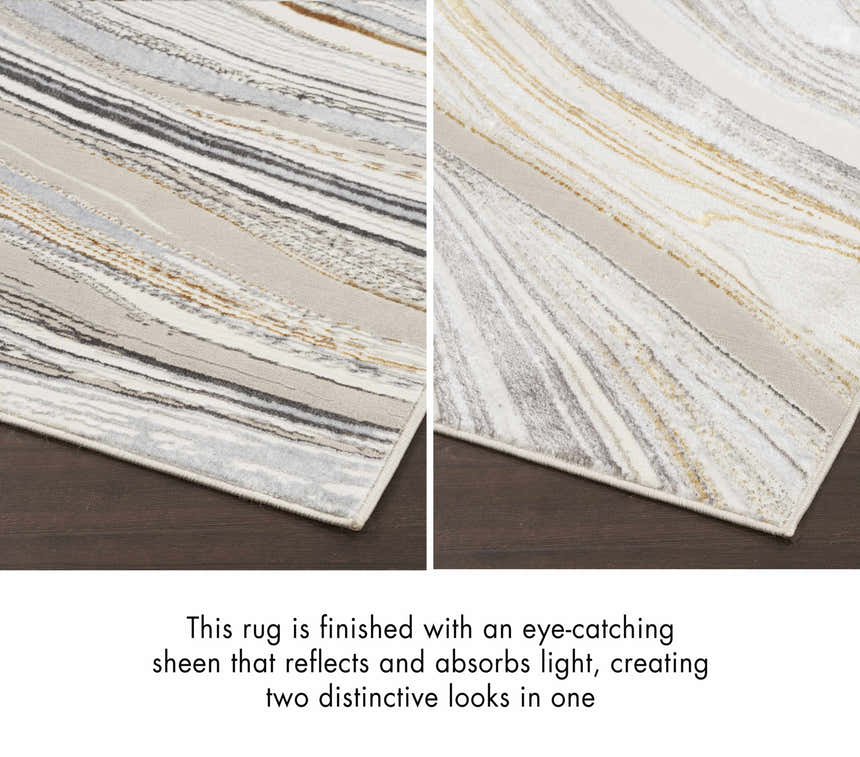 Close-up of Nourison Glitz Grey Gold rug showing abstract stripes in gray, gold, cream and beige colors.