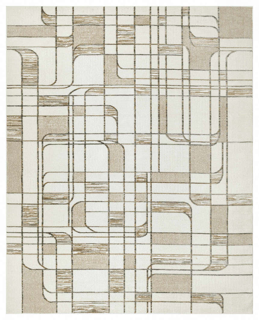 Close-up of Nourison Nordic Ivory Multicolor rug featuring a geometric mid-century modern design.