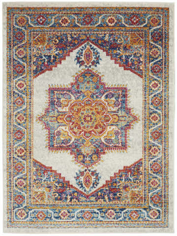 Close-up of Nourison Persian Vintage rug. Ivory rug with chestnut, blue, and gold floral medallion pattern. Transitional style.