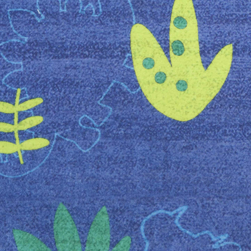 Close-up of the Nourison Imagination Navy Multicolor Kids Rug, featuring dinosaur footprints and plant life.