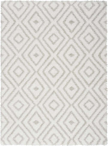 Close-up of Nourison Modern Shag Ivory Silver Rug featuring a diamond trellis pattern and shag texture.