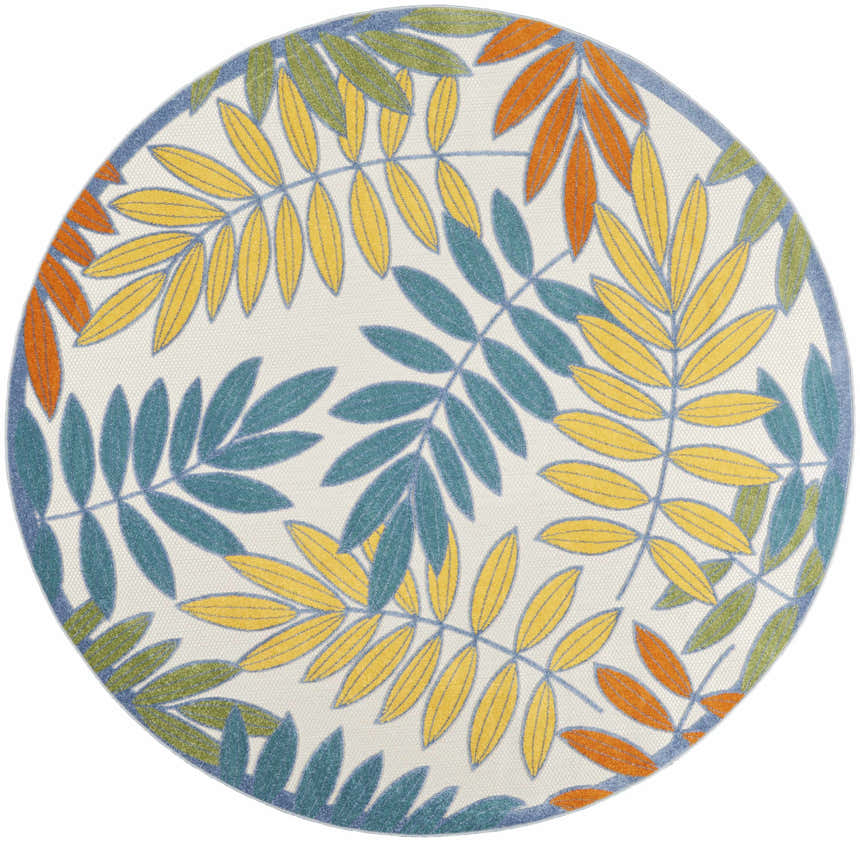 Close-up of round Nourison Aloha Ivory Multicolor Tropical Area Rug with chestnut, yellow, teal, and green leaves.