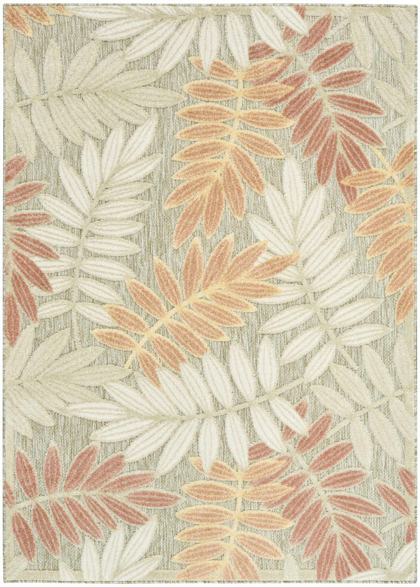 Close-up of the Nourison Aloha Sage Rose rug, featuring a leaf pattern in sage, rose, and cream hues.