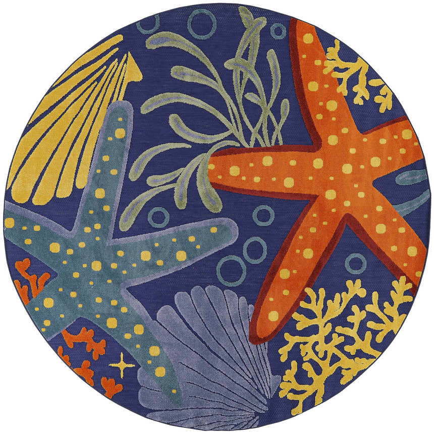 Close-up of round Nourison Aloha Navy Multicolor rug with starfish, coral, and seashell design.