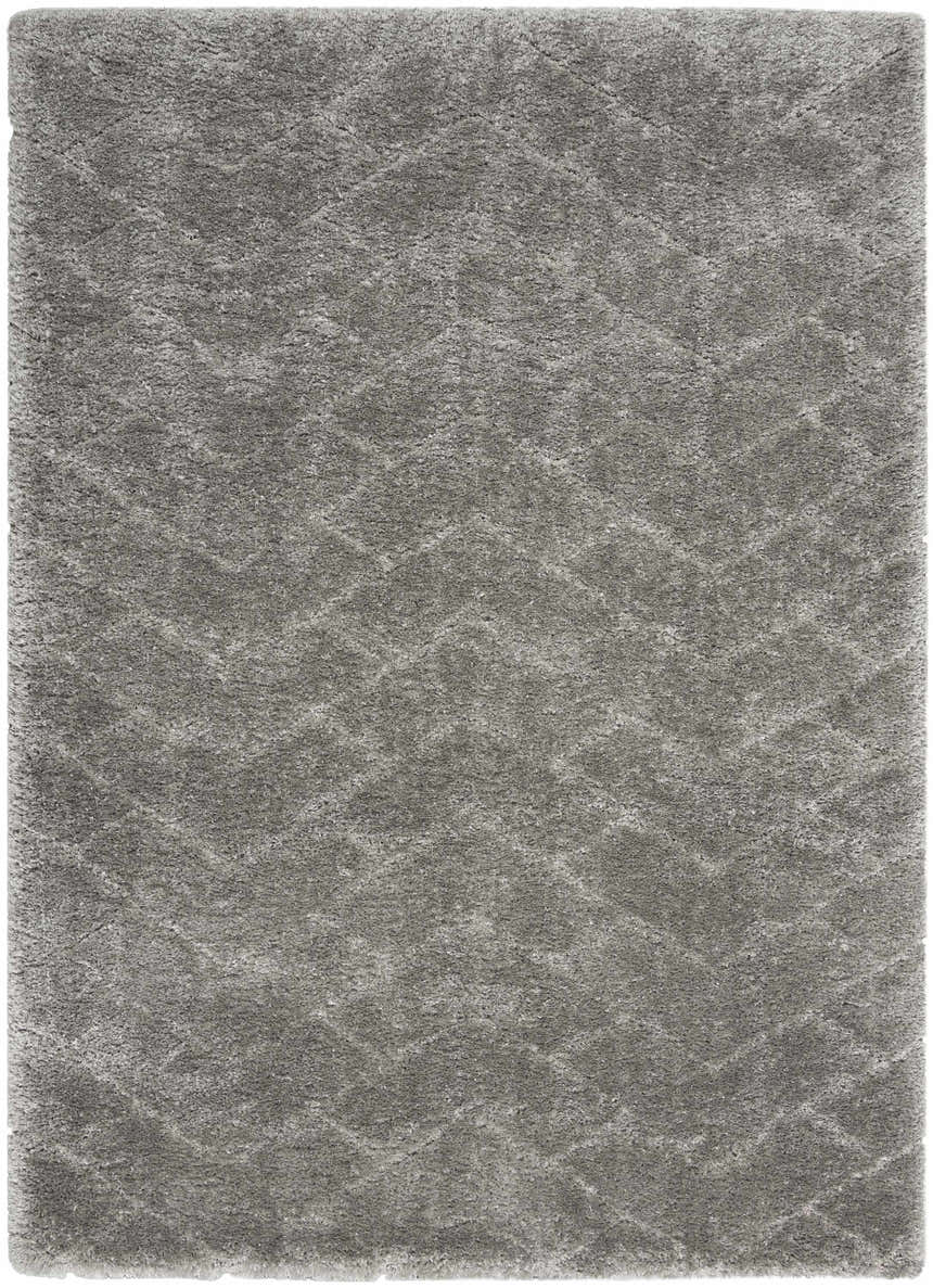 Close-up of the grey Nourison Dreamy Shag rug. Shag texture with subtle chevron pattern. Soft polyester fibers.