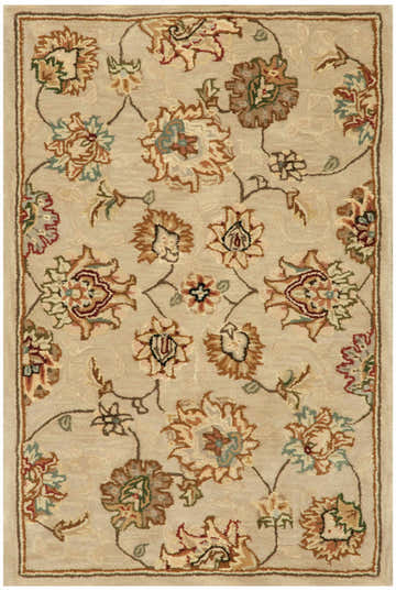 Close-up of the beige Nourison 2000 rug. Handmade wool rug with traditional floral pattern in beige, brown, and teal.