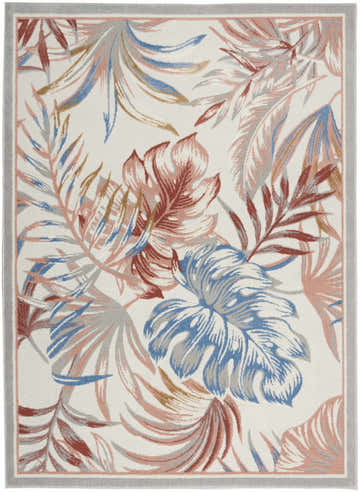 Close-up of Nourison Seaside Multicolor Tropical Area Rug with leaf pattern in blue, pink, brown, and gray.