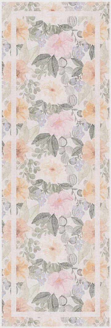 Close up of Nourison Botanical Beige Multicolor Farmhouse Area Rug featuring a floral pattern with pink, beige, and green tones.