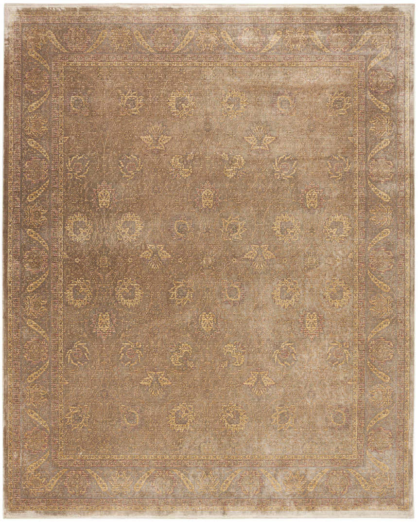 Close-up of the Nourison Luxurious Taupe Vintage Area Rug, featuring a floral pattern and ornate border.