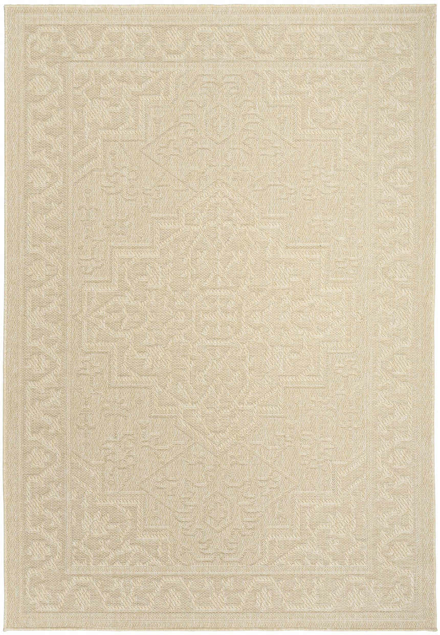 Close-up of the cream Nourison Tulum Outdoor Area Rug featuring a subtle geometric pattern and textured pile.