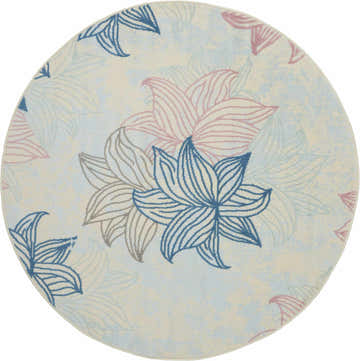 Round Nourison Jubilant Ivory Multicolor rug with a contemporary floral pattern in blue, pink, and chestnut.