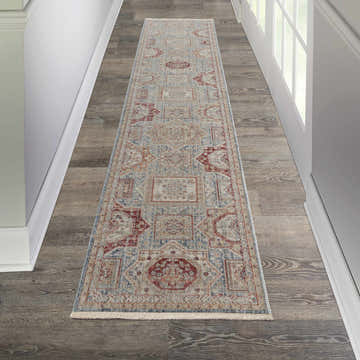 Hallway with Nourison Homestead Blue Multicolor Vintage Runner rug on wood floor.