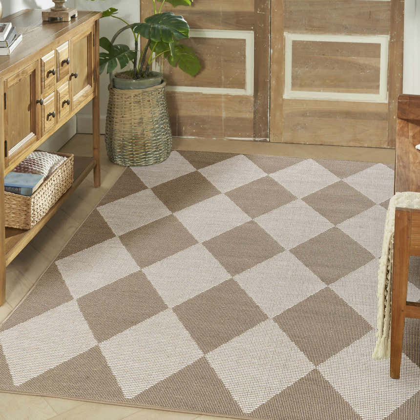 Entryway with Nourison Modern Jute Natural Ivory rug. Chestnut and ivory diamond pattern. Wood console table and plant.