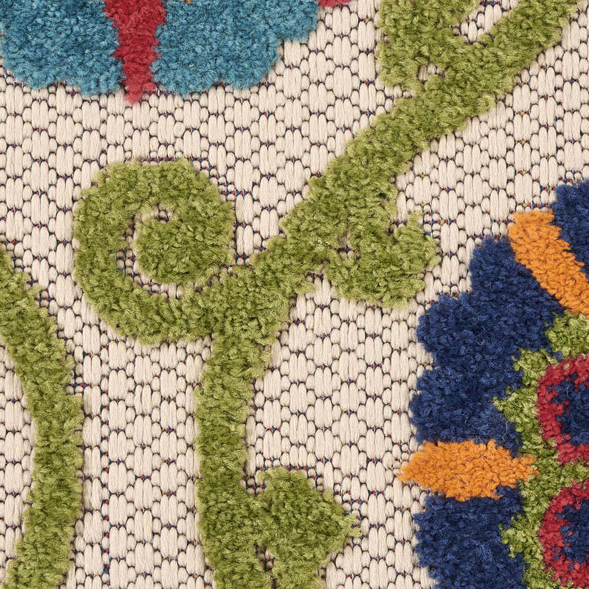 Close-up of the Nourison Aloha Blue Multicolor Rug showing floral pattern and textured, machine-made weave.