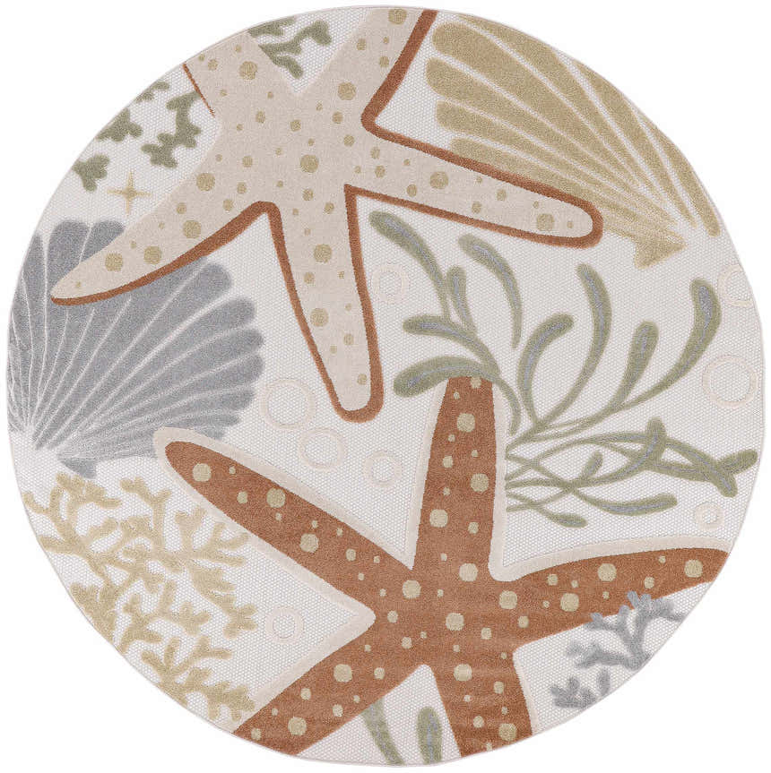 Close-up of a round Nourison Aloha Ivory Multicolor Outdoor Area Rug with starfish, seashell, and coral design.