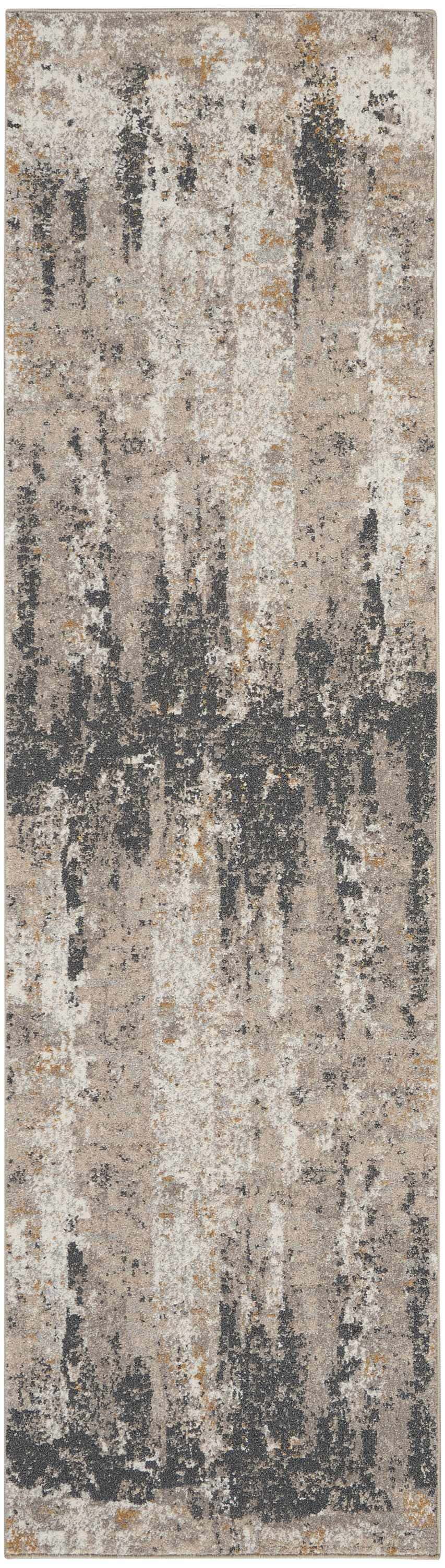 Close-up of the Nourison Tangra Cream Grey rug. Abstract design with cream, gray, and gold tones. Modern style.