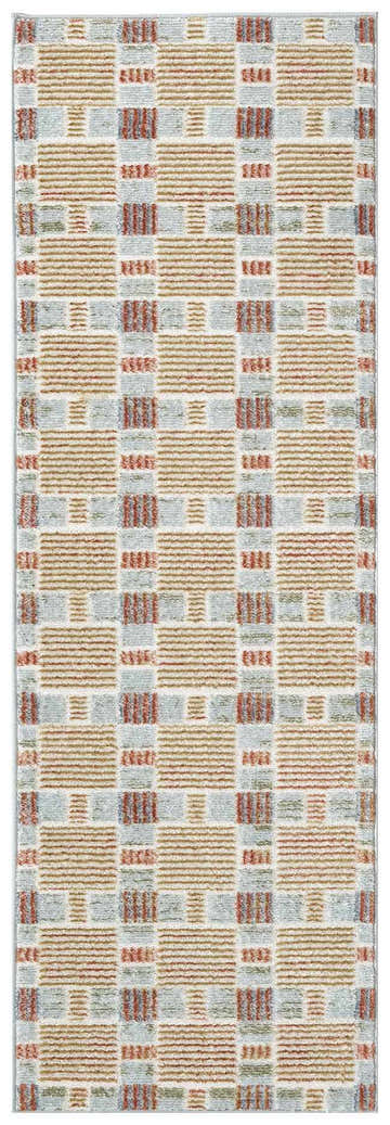 Close-up of Nourison Nordic Rust Multicolor rug. Mid-century modern style with geometric pattern in rust, tan, and blue.