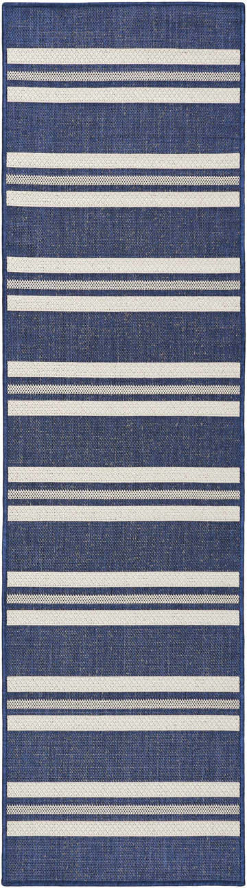 Close-up of the Nourison Horizon Navy rug featuring a striped pattern and woven texture.