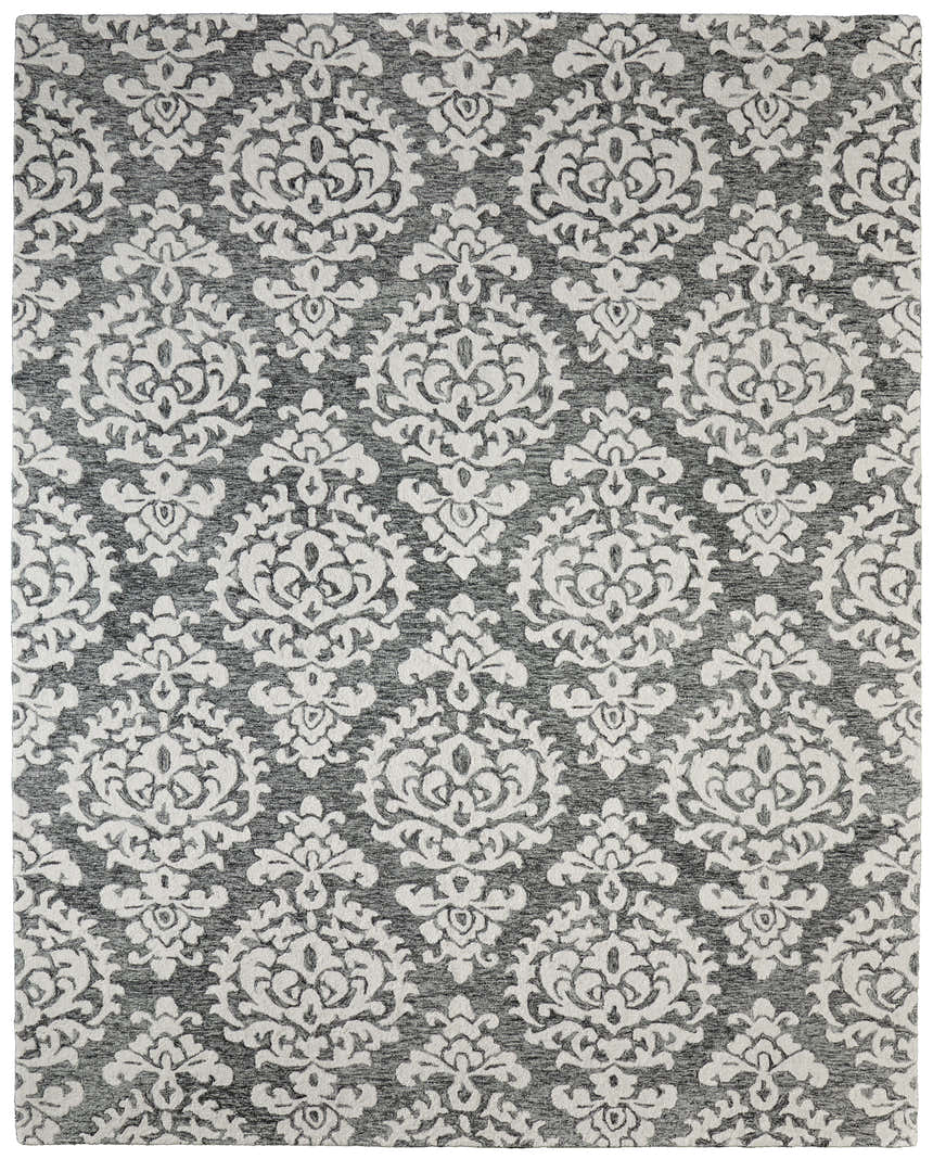 Close-up of Feizy Belfort rug. Gray background with ivory floral and botanical design. Traditional style. Design-Rectangle