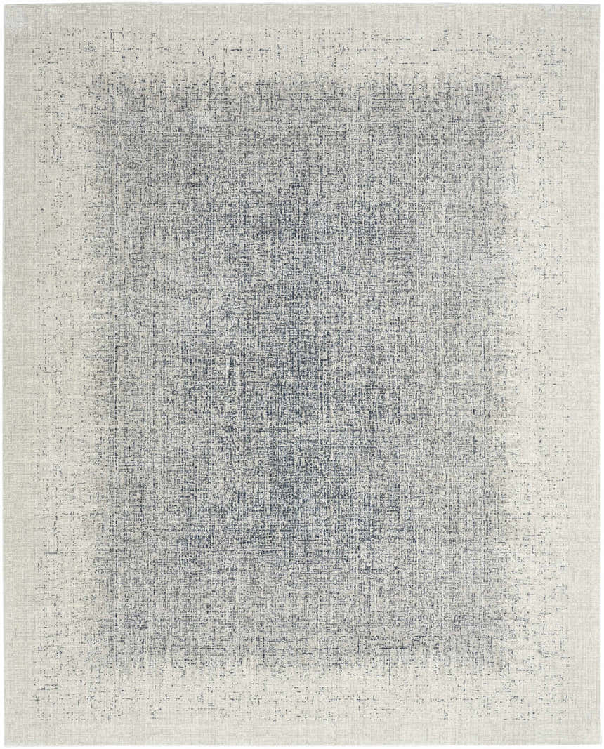 Close-up of DKNY Grand Street Ivory Blue rug. Modern rug with chestnut color details and a subtle, textured pattern.