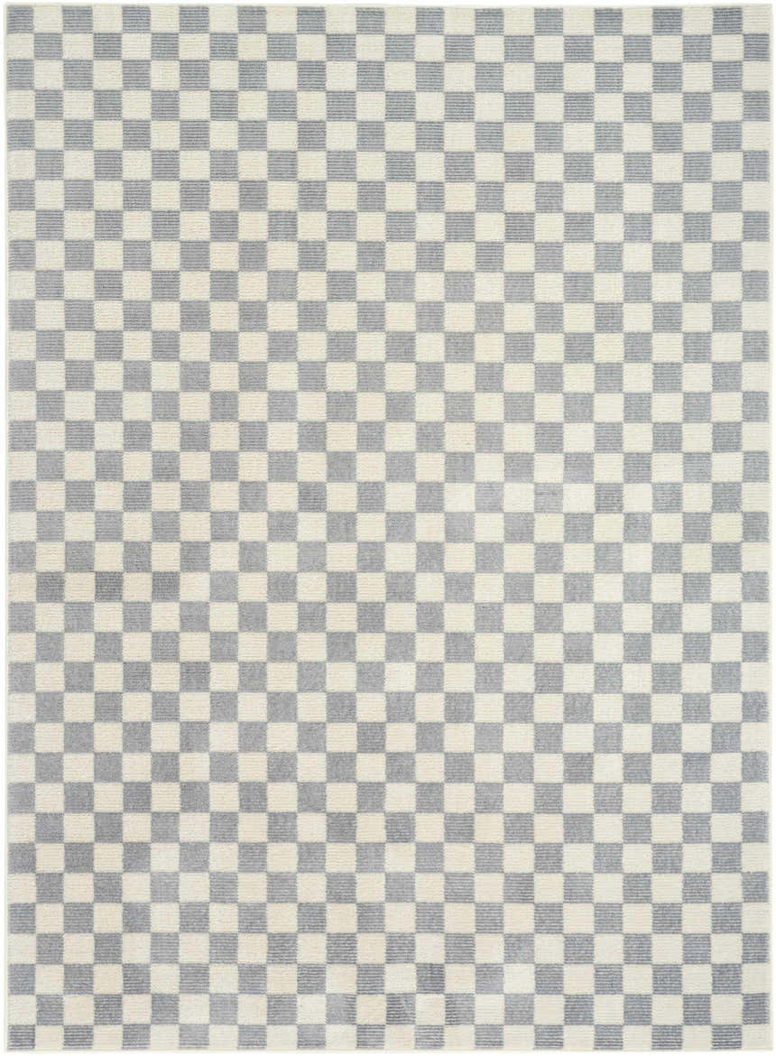 Nourison Serenity Home Ivory Blue rug, close-up of checkerboard pattern and high pile texture. Modern, mid-century style.