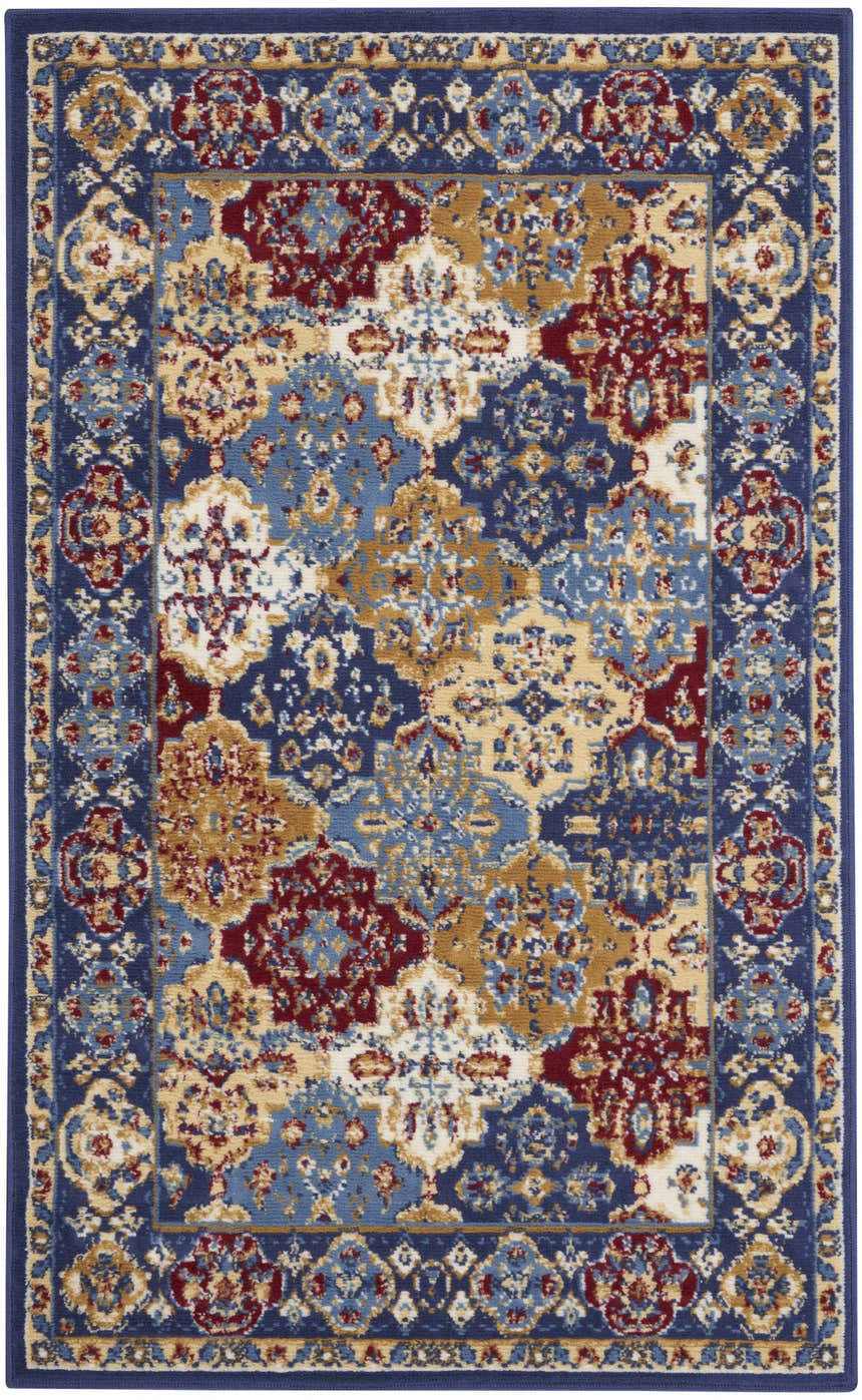 Close-up of the Nourison Grafix Multicolor Bohemian Indoor Area Rug. Features blue, red, and gold tones in a floral pattern.
