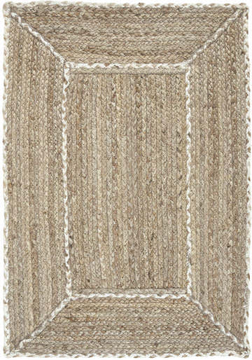 Close-up of the handmade Nourison Terrazzo Jute Rug. Natural jute rug with a light gray border and braided texture.