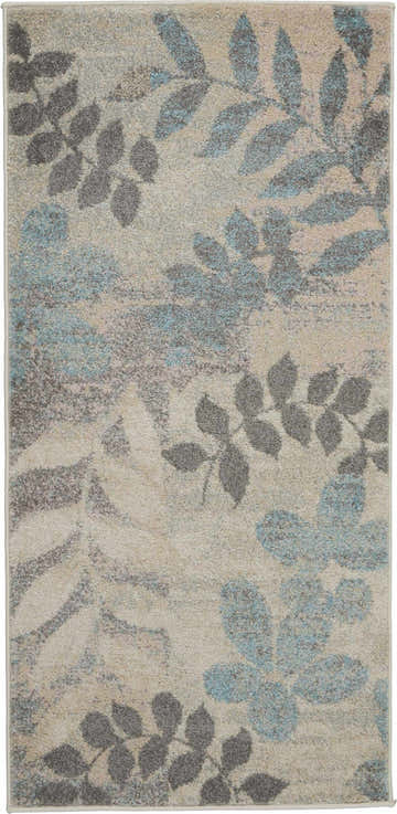 Close-up of Nourison Tranquil Ivory/Light Blue rug. Farmhouse style with chestnut leaves and floral pattern. Soft texture.