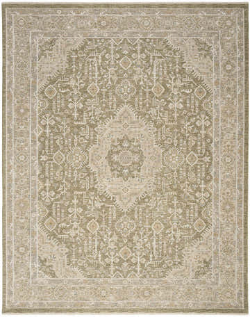 Close-up of the Nourison Retreat Green Vintage Indoor Area Rug featuring a detailed, symmetrical pattern and soft green hues.