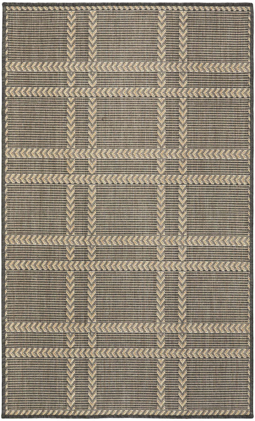 Close-up of the Nourison Horizon Charcoal rug. Modern design with taupe plaid pattern and woven texture.