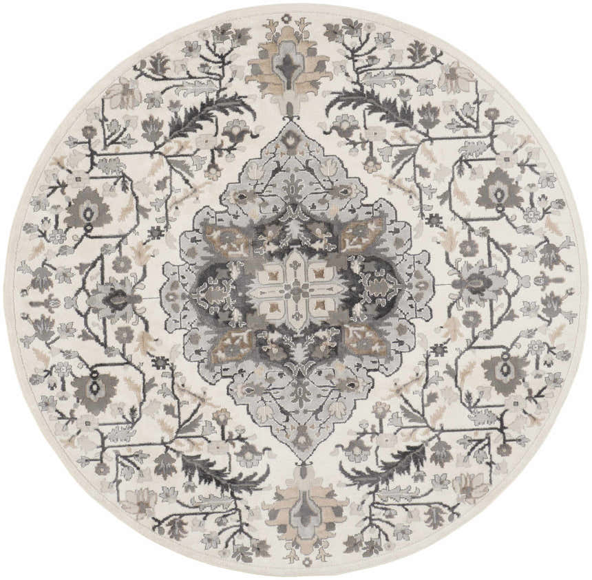 Close-up of round Nourison Elation Ivory Grey rug. Floral pattern in shades of gray, taupe, and ivory. Transitional style.
