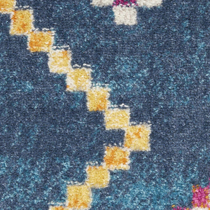 Close-up of Nourison Passion Navy rug showing the textured, geometric pattern in navy, gold, and cream.