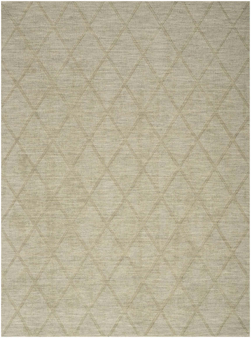 Close-up of Nourison Wool Haven Sage rug. Muted sage wool rug with a subtle diamond pattern. Handmade pile texture.