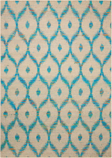 Close-up of Nourison Spectrum Beige Turquoise rug featuring an ogee pattern and textured weave.