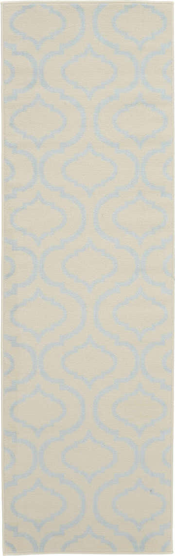 Close-up of Nourison Jubilant Ivory Blue rug. Features a light blue, contemporary trellis pattern on an ivory background.