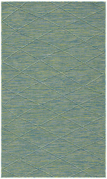 Close-up of Nourison Solutions Blue Green washable rug. Diamond pattern, woven texture. Mid-century modern style.