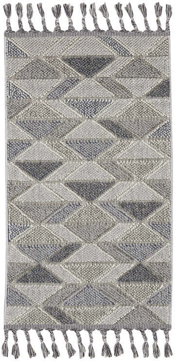 Close-up of the Nourison Paxton Grey Charcoal rug featuring a geometric diamond pattern and decorative tassels.