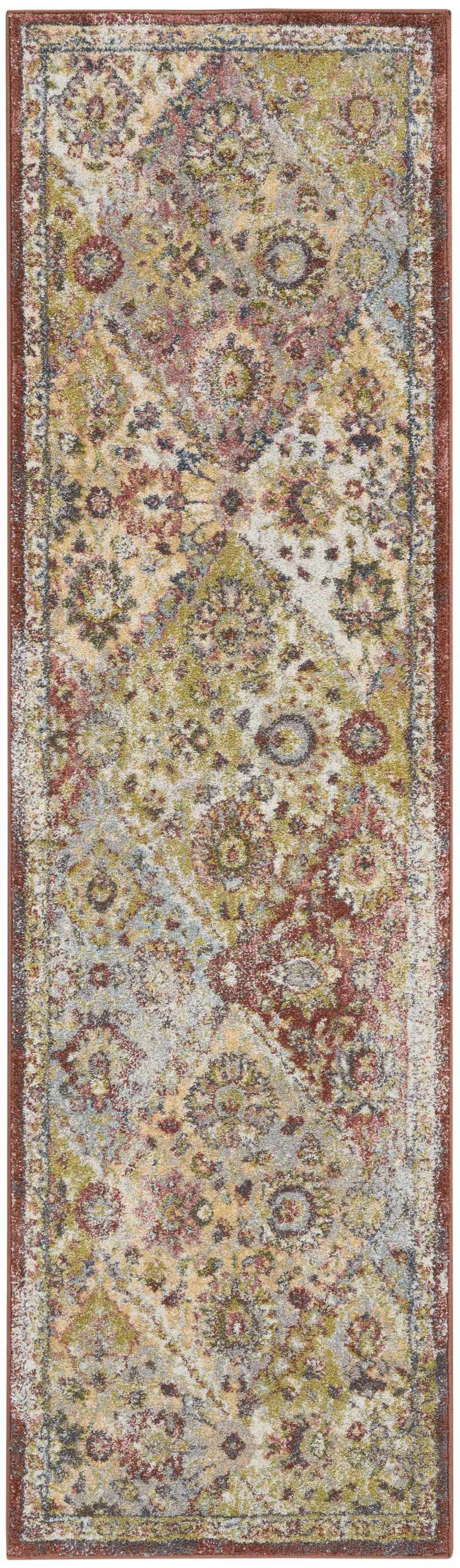 Close-up of Nourison Soraya Terracotta Multicolor rug. Colorful floral pattern in terracotta, green, gold, and blue hues.