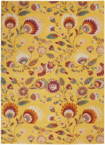 Close-up of Nourison Allur Yellow Multicolor rug with a bright floral pattern and farmhouse style.