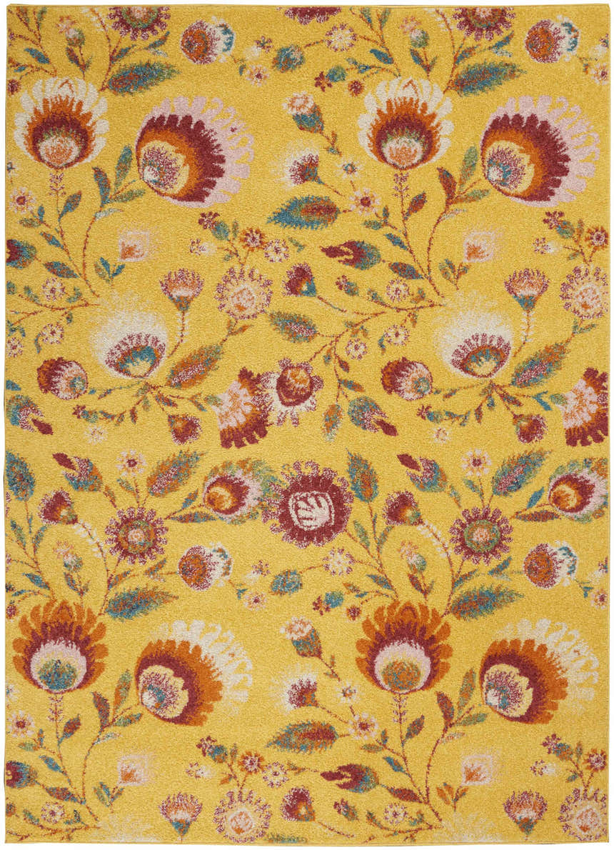Close-up of Nourison Allur Yellow Multicolor rug with a bright floral pattern and farmhouse style.