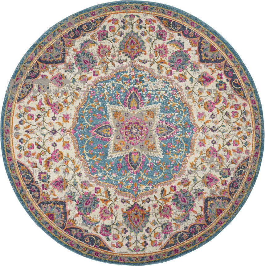 Close-up of a round Nourison Passion rug. Ivory background with blue, pink, and orange floral transitional design.