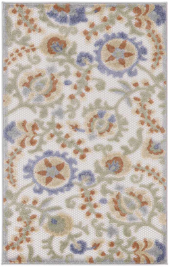 Close-up of Nourison Aloha Ivory Blue Outdoor Area Rug with floral chestnut, blue, and green pattern.
