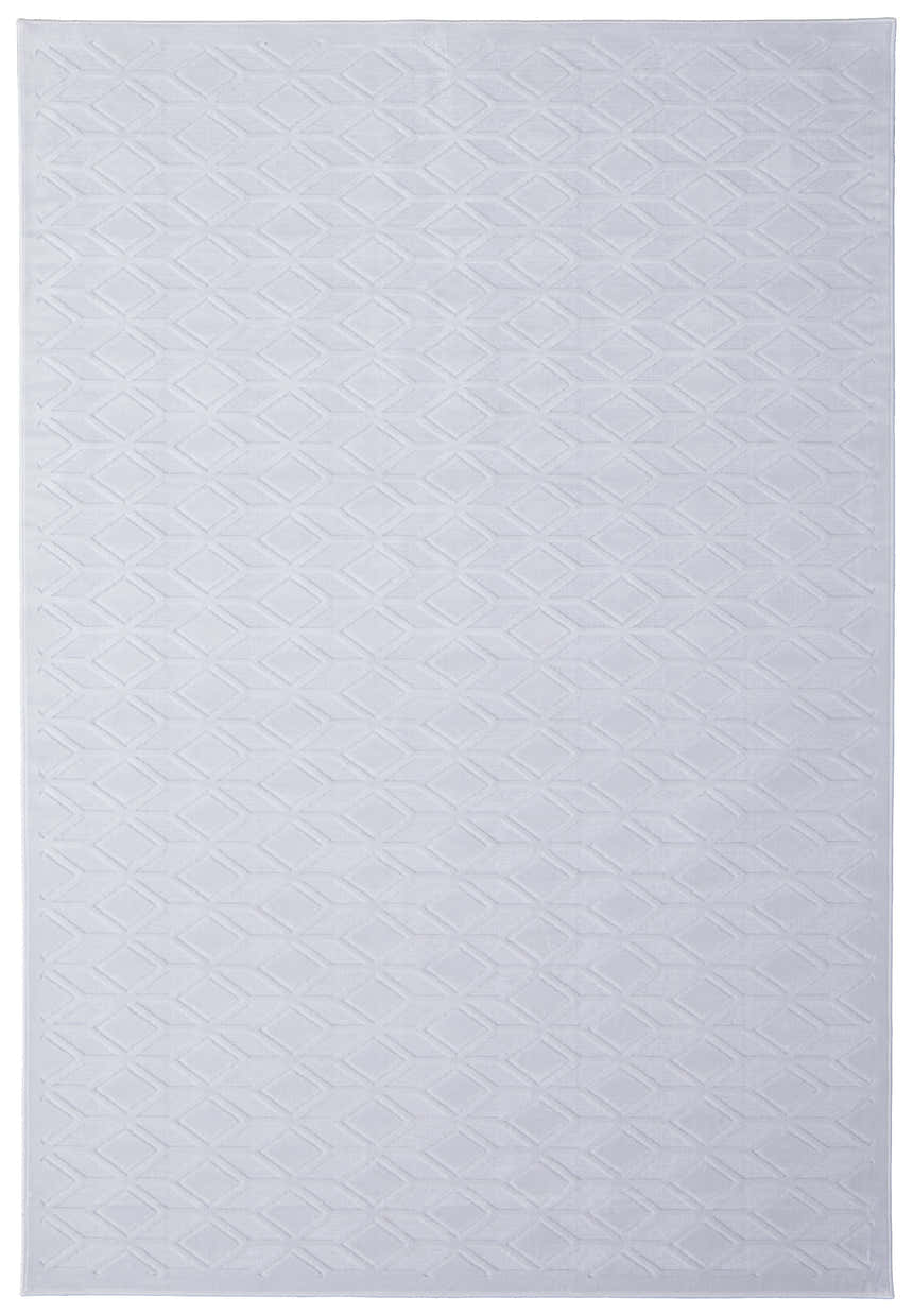 Close-up of Feizy Saphir Mira white area rug with a modern geometric criss-cross pattern and subtle texture. Design-Rectangle