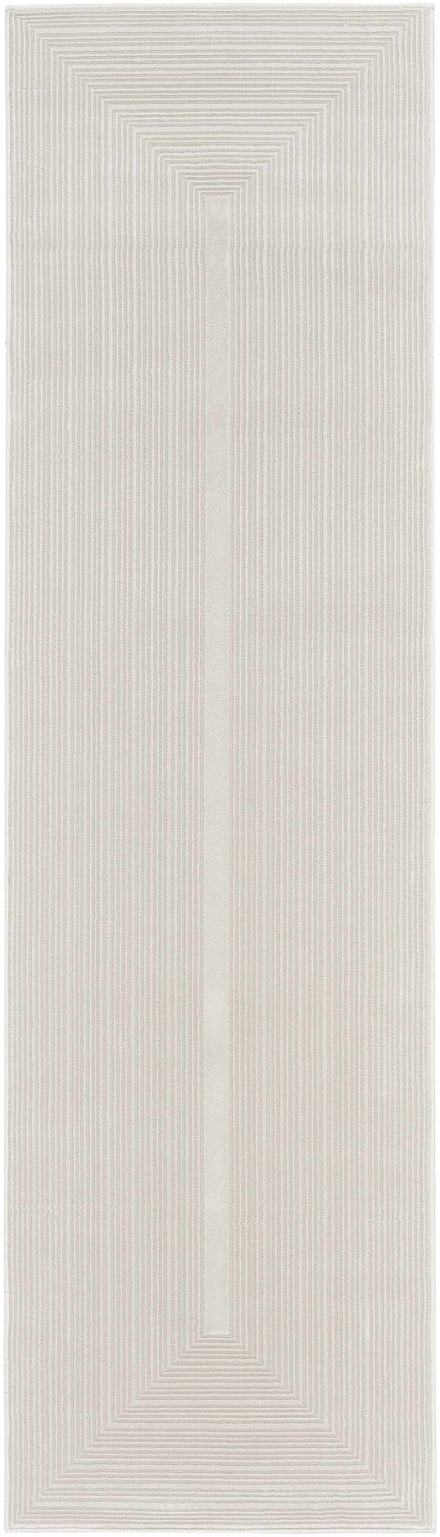 Close-up of the Calvin Klein CK024 Irradiant Ivory rug, showcasing its subtle striped texture and geometric pattern.