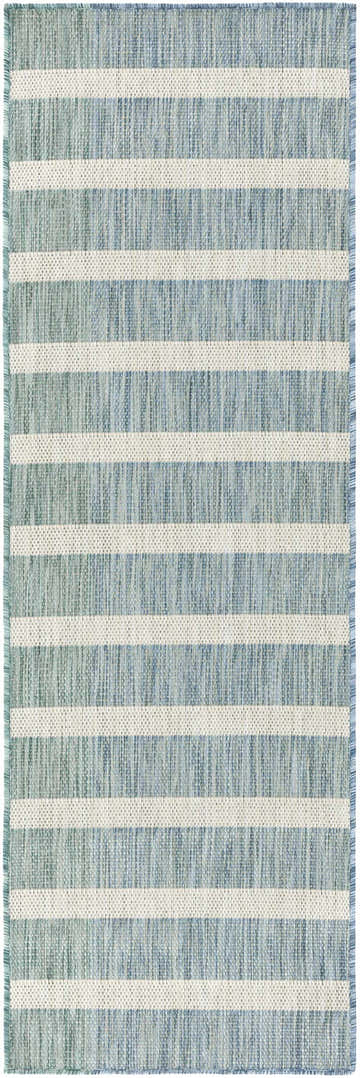 Close-up of the Nourison Positano Aqua Ivory Area Rug, featuring a striped pattern and woven texture.