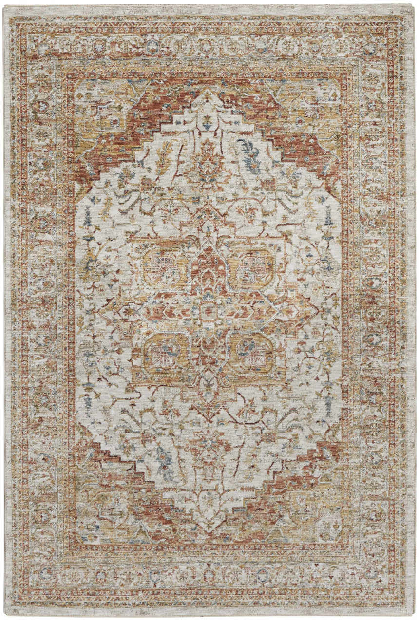 Close-up of the Nourison Sahar Ivory Rust Vintage Area Rug, showcasing its detailed floral pattern and chestnut, gold, and blue accents.
